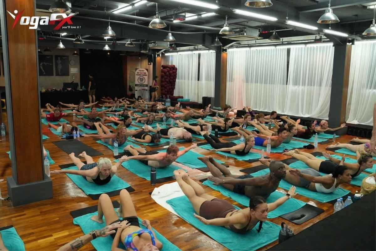 Best mat for Bikram yoga showing non-slip mat and mat towel setup at YogaFX Bali studio in natural tropical heat Best mat for Bikram yoga showing non-slip mat and mat towel setup at YogaFX Bali studio in natural tropical heat