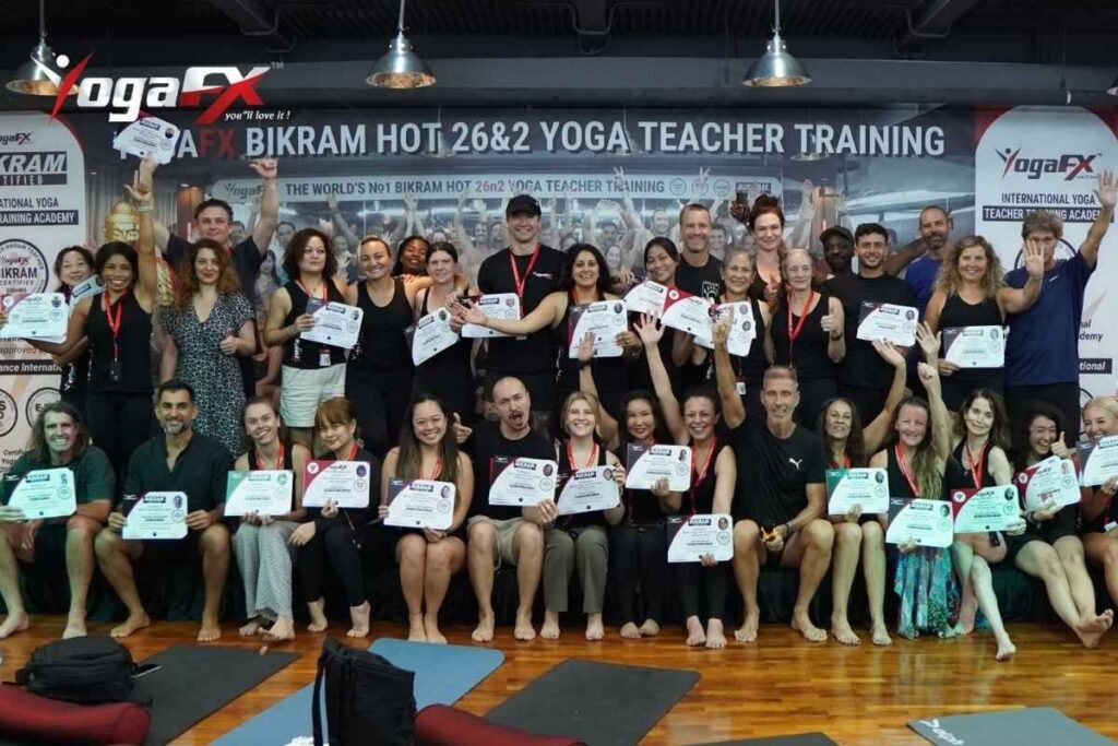 Step-by-step pathway to becoming a certified Bikram yoga teacher in 2026, showing RYT 200 and Bikram Hot 26&2 dual certification route with YogaFX in Bali
