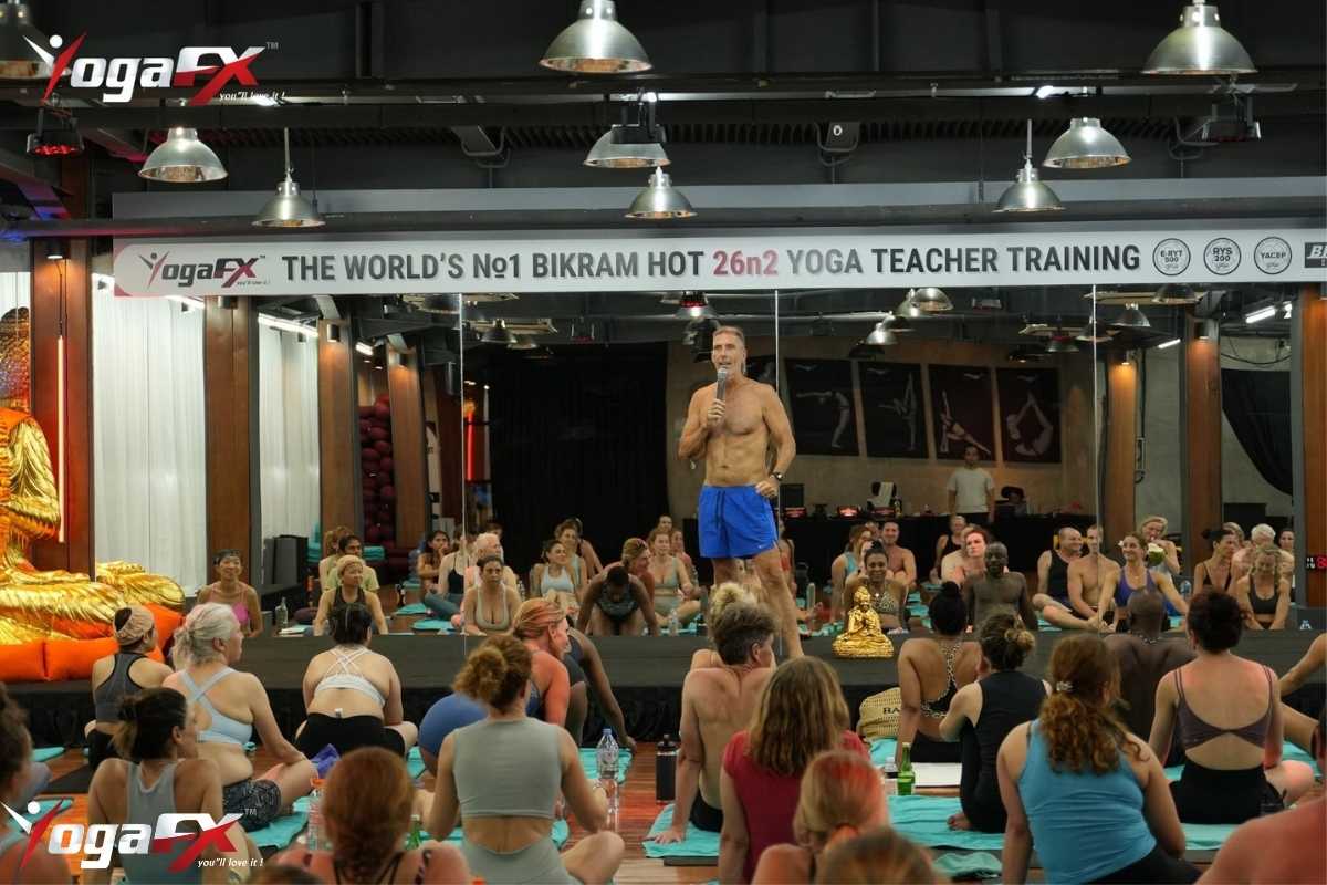 How to become a Bikram yoga teacher showing YogaFX Bali 7-day intensive posture clinic with Mr Ian Terry E-RYT 500 direct instruction