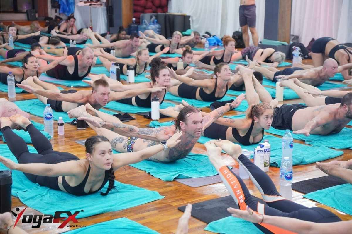 YogaFX Bali wellness retreat studio showing hot yoga class in natural tropical heat with no electric heaters Seminyak Canggu