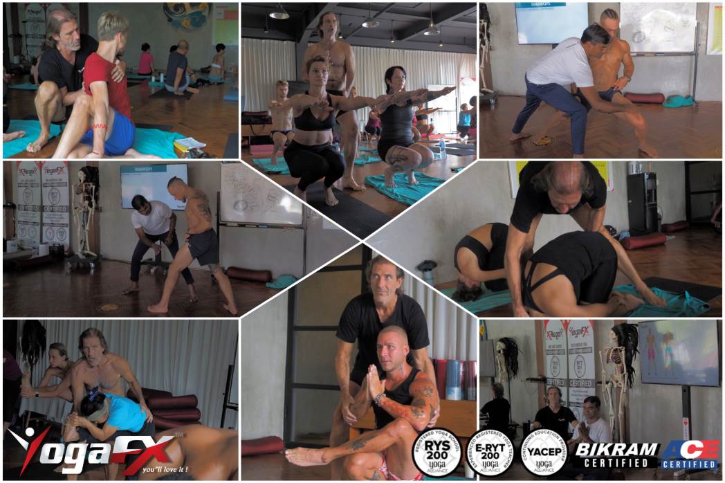 Ian Terry giving hands-on posture adjustments to Bikram yoga teacher trainees during YogaFX teacher training in Bali, Yoga Alliance RYS 200 certified