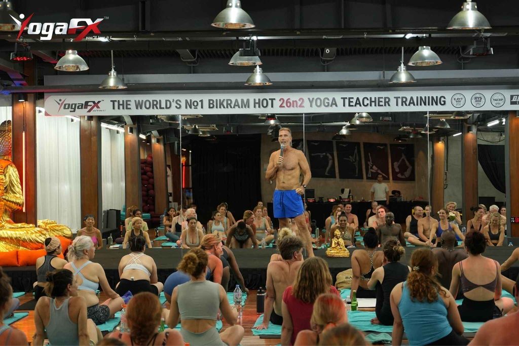Mr. Ian Terry, E-RYT 500, leading an Original Hot 26&2 Yoga class in natural tropical heat at the YogaFX studio in Seminyak, Bali