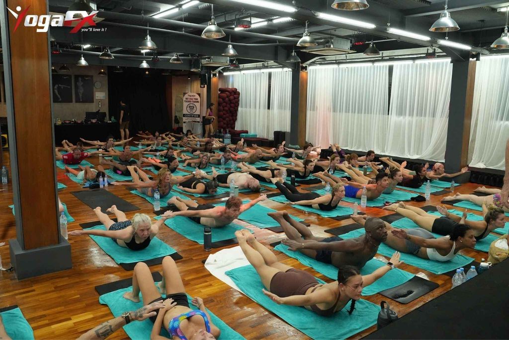 Small teacher training cohort of 19 students during a six-day Bikram Hot 26&2 intensive at YogaFX Seminyak, Bali.